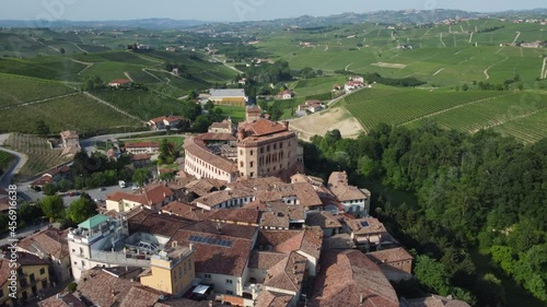 Barolo town and Falletti castle aerial view surrounded by vineyards in Langhe, Piedmont (Piemonte), Northern Italy. Italian famous tourism destination in Europe. Unesco World Heritage site. photo