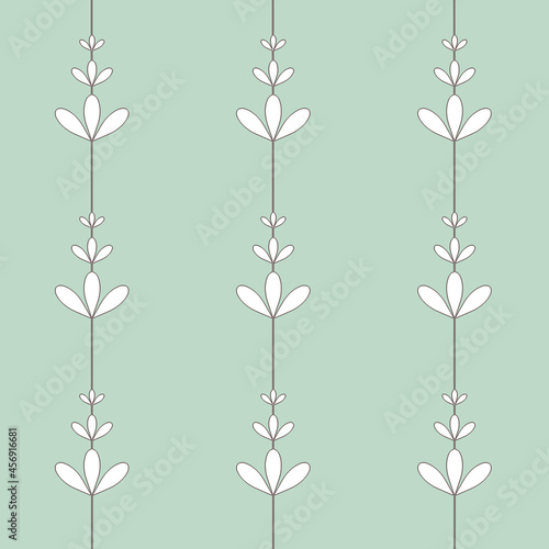 White three leaves flowers silhouette different size with line between on blue background seamless vintage pattern wallpaper