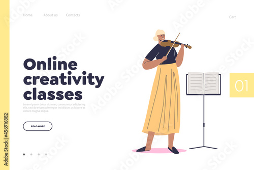 Online creativity classes concept of landing page with young woman learn to play violin