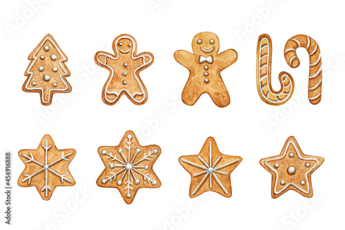 Watercolor illustration of a gingerbread. Cute christmas illustration isolated on white background. Watercolor hand-drawn illustration. Clip Art. Clipart. Watercolor cartoon style illustration.
