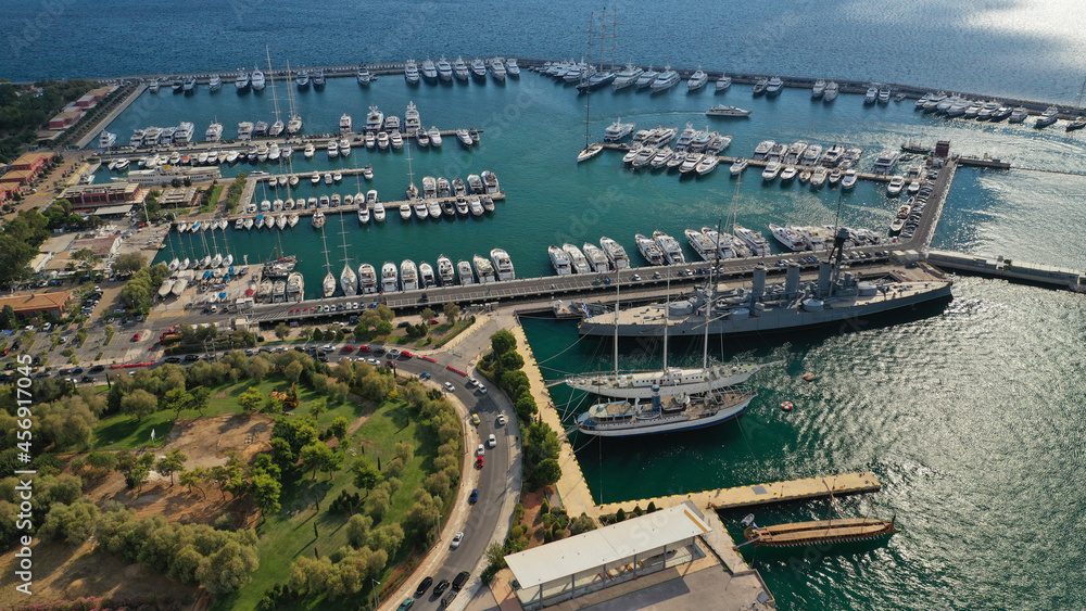 Aerial drone photo of famous seaside Athens riviera area of Faliro and Flisvos featuring a luxury marina for yachts and sailboats, Attica, Greece