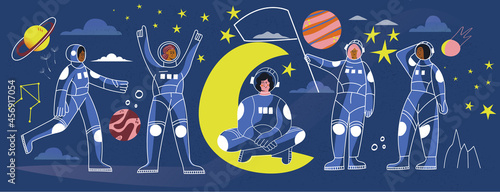 Women astronaut in spacesuit space vector line illustration banner. Female cosmonaut on Moon. Girl spaceman in space costume and helmet with flag. Star galaxy discovery set with characters