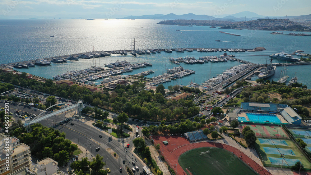 Aerial drone photo of famous seaside Athens riviera area of Faliro and Flisvos featuring a luxury marina for yachts and sailboats, Attica, Greece