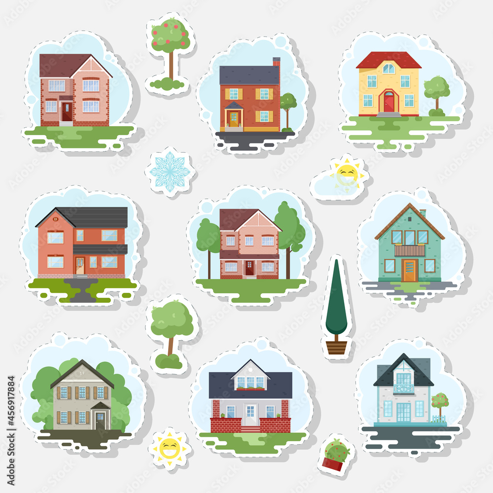 Set of different houses, plants and other elements. A set of stickers. Vector illustration