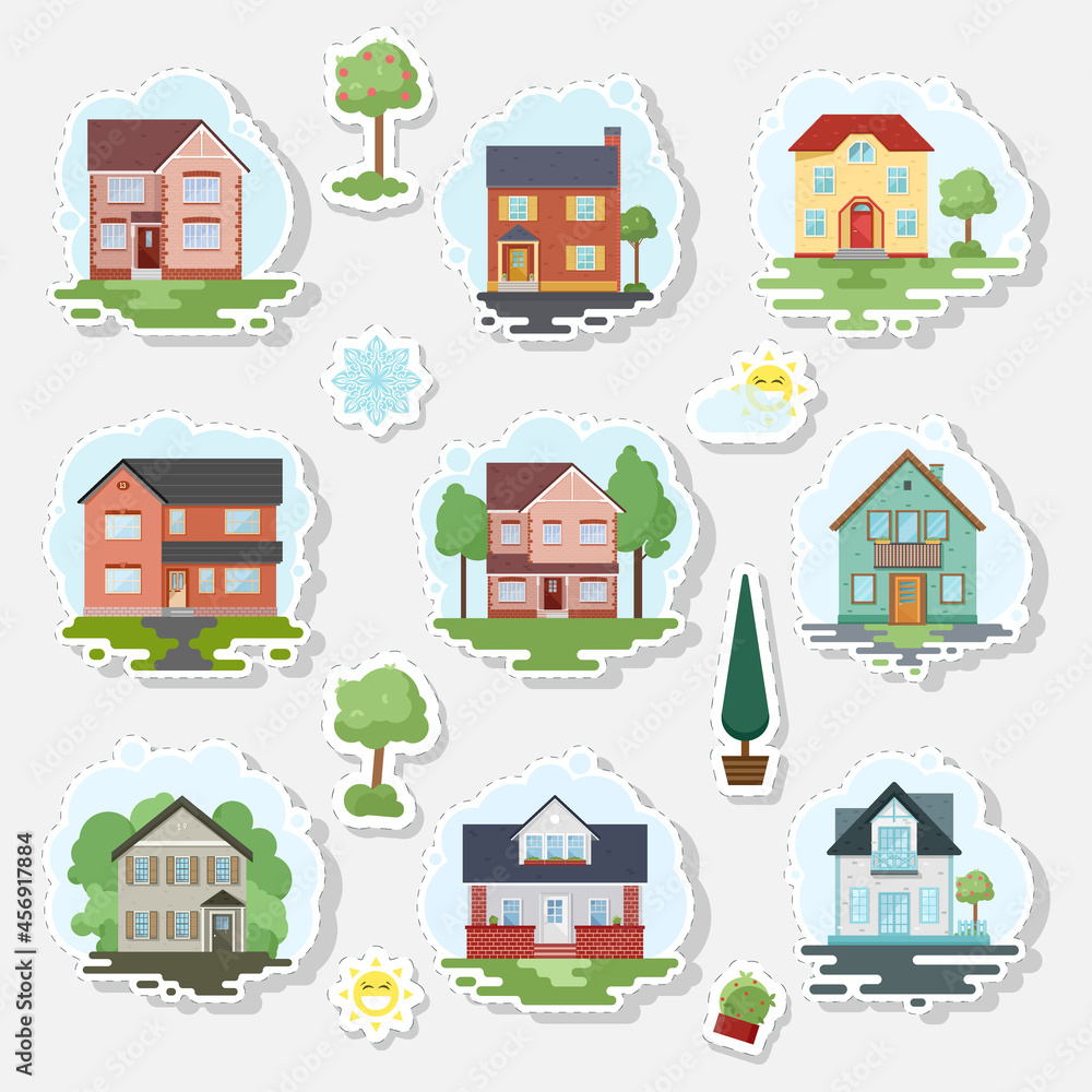 Set of different houses, plants and other elements. A set of stickers. Vector illustration Set of different houses, plants and other elements. A set of stickers. Vector illustration