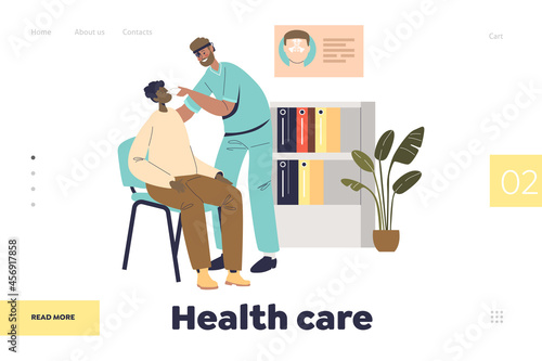 Health care concept of landing page with otolaryngologist doctor checking patient nose illness