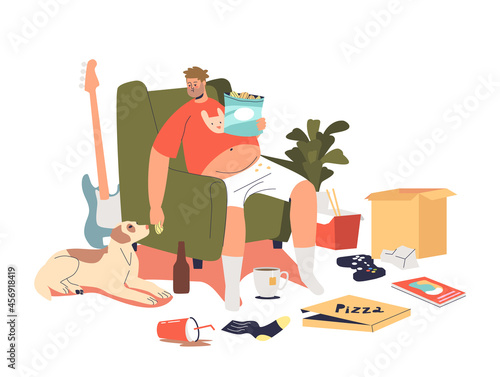 Fat man with obesity eating fastfood from delivery sitting on armchair at home