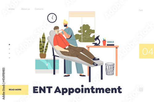 ENT appointment concept of landing page with otolaryngologist doctor checking patient throat