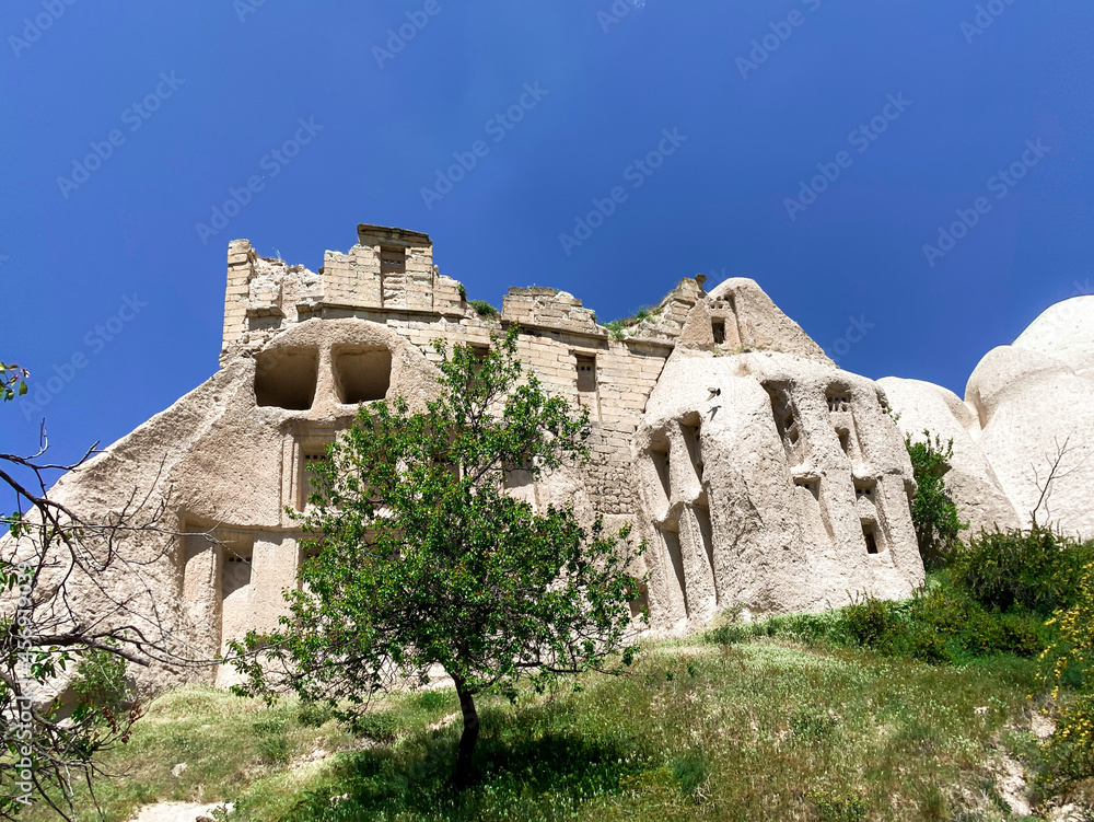Caves carved into the rocks. Valley landscape in Cappadocia, Turkey