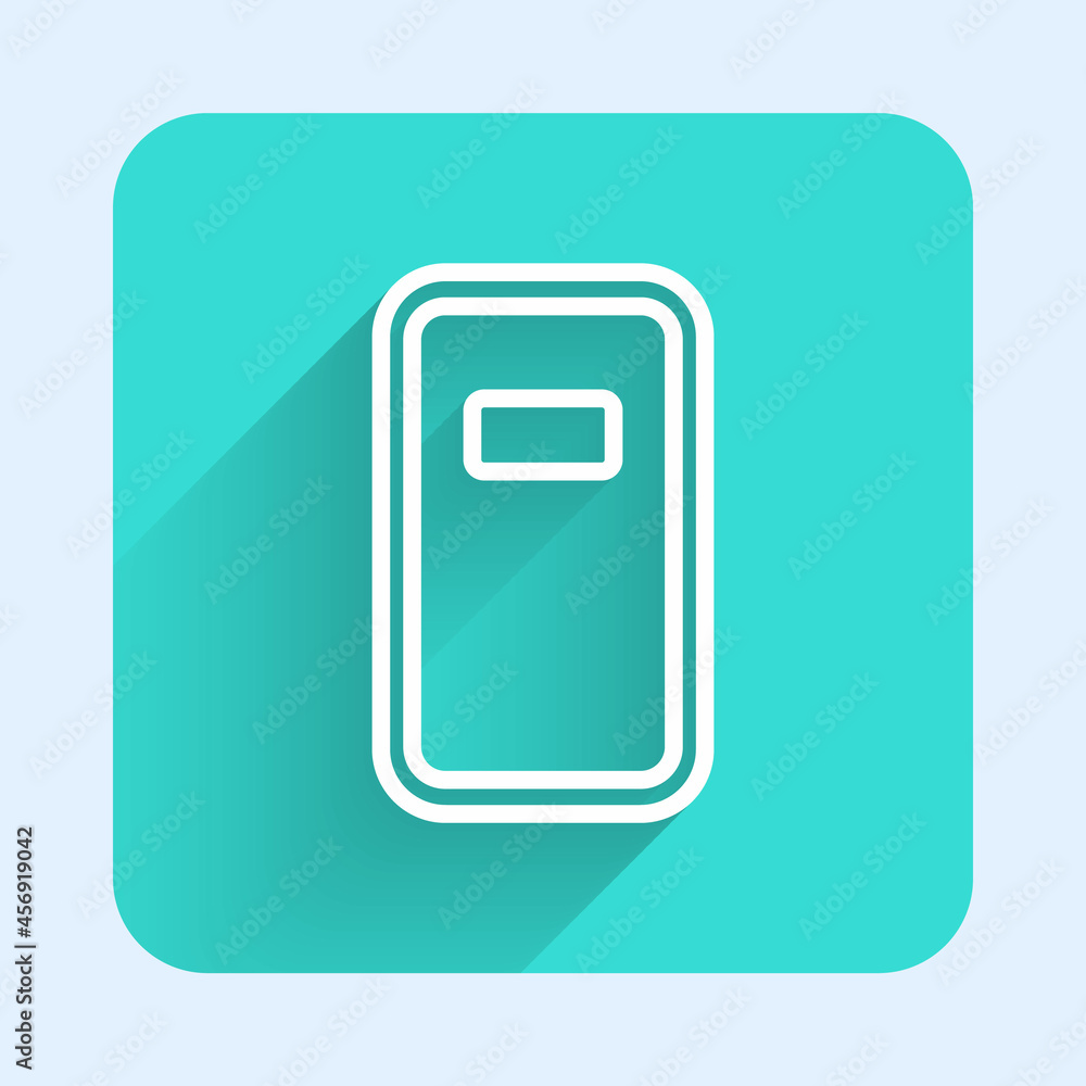 White line Police assault shield icon isolated with long shadow background. Green square button. Vector White line Police assault shield icon isolated with long shadow background. Green square button. Vector