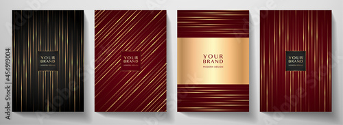 Contemporary cover design set.  Luxury dynamic diagonal line pattern in premium color: black, gold, red. Stripe vector layout for business background, certificate, brochure, menu template