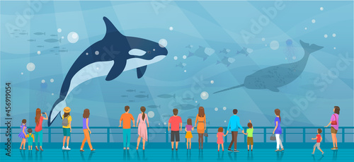 People watching underwater scenery with large whales in oceanarium. Underwater fauna with marine world representatives. Oceanarium visitors look at killer whale in aquarium vector illustration