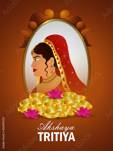 Akshaya tritiya indian festival sale promotion with bride with jewellery and gold coin
