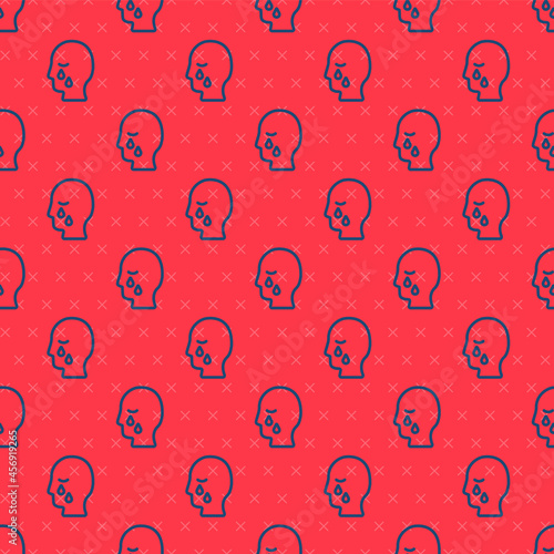 Blue line Man graves funeral sorrow icon isolated seamless pattern on red background. The emotion of grief, sadness, sorrow, death. Vector