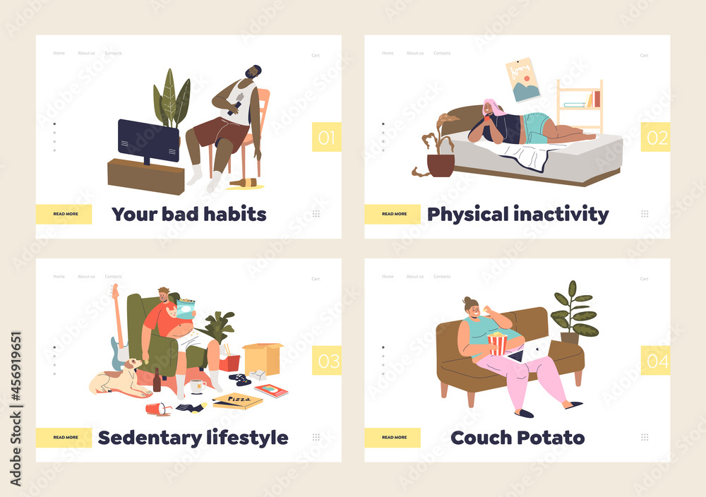Set of landing pages with people suffer sedentary lifestyle and bad inactive habits at home Set of landing pages with people suffer sedentary lifestyle and bad inactive habits at home
