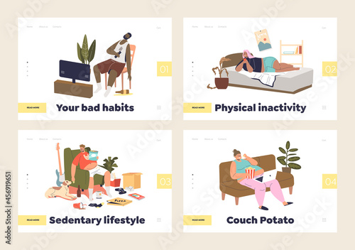 Set of landing pages with people suffer sedentary lifestyle and bad inactive habits at home