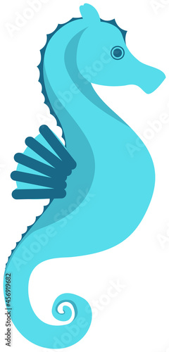 Blue sea horse on white background. Cartoon nautical character lives in ocean. Vector illustration of sea dweller. Creature from wildlife of mediterranean ocean. Underwater animal marine life