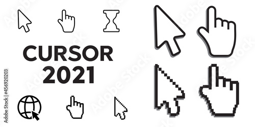Pixel cursors icons mouse hand arrow. Mouse computer cursor. Hand arrow web cursor set