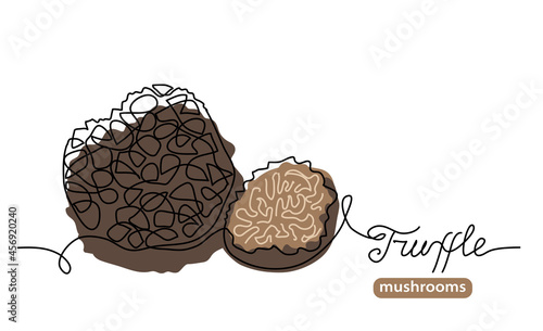 Black truffle wild mushrooms one line art drawing. Simple vector line illustration with lettering truffle mushrooms