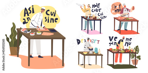 Professional chefs cooking cuisines for restaurant: asian, vegan, molecular food, desserts and beef