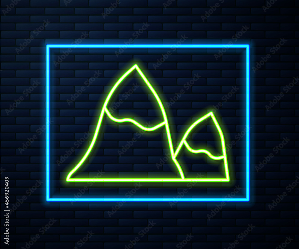 Glowing neon line Mountains icon isolated on brick wall background. Symbol of victory or success concept. Vector