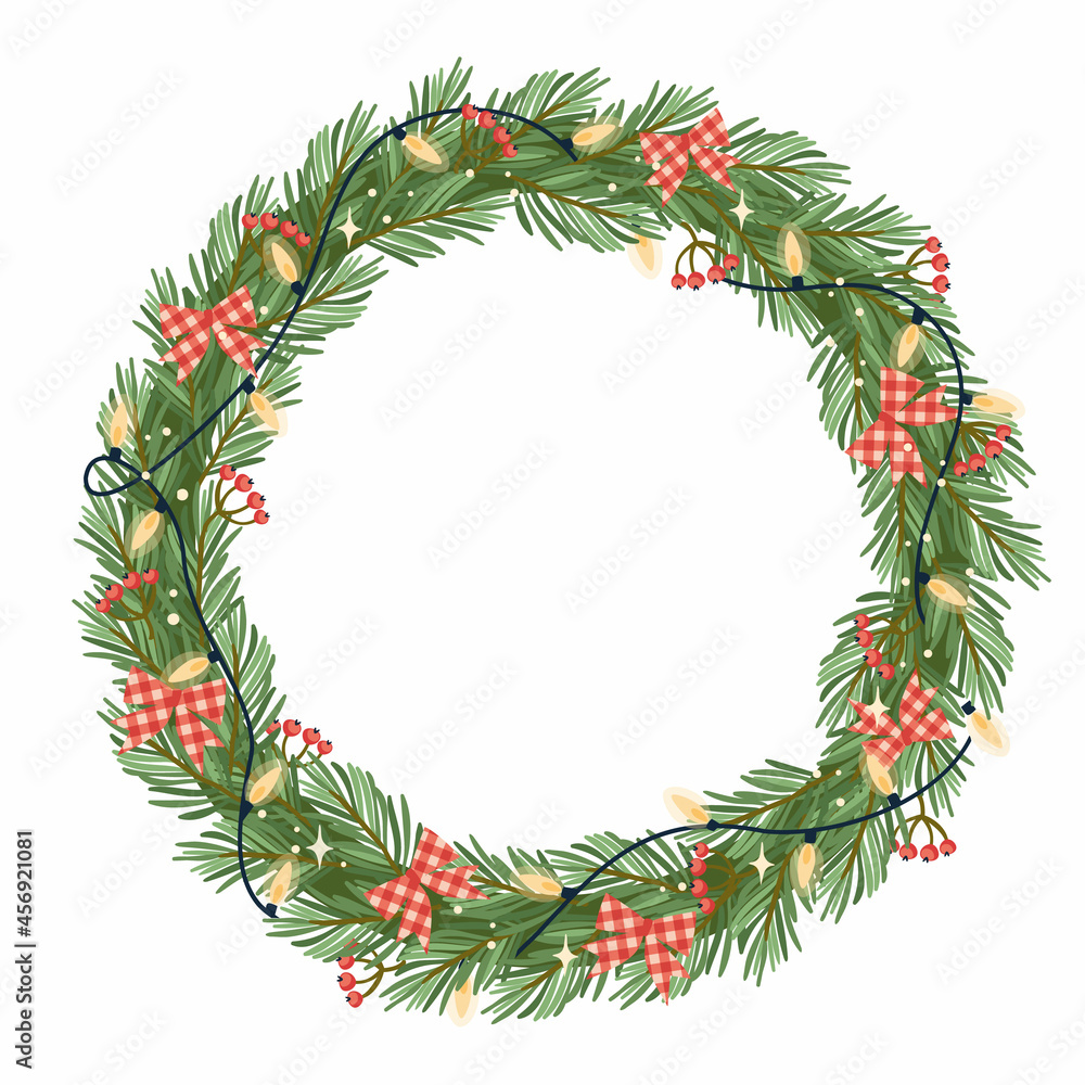 Christmas and Happy New Year illustration with Christmas wreath.