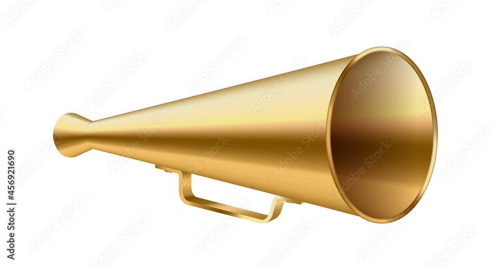 Golden retro megaphone horn icon. Realistic vintage gold loudspeaker