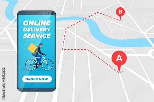 Express delivery on bicycle transportation business service banner concept. Customer tracking order route in mobile app. Smartphone with courier application on city map background. Vector illustration