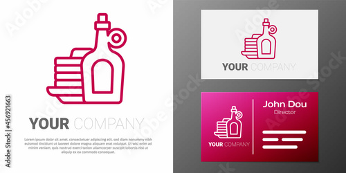 Logotype line Bottle of maple syrup with stack of pancakes icon isolated on white background. Logo design template element. Vector