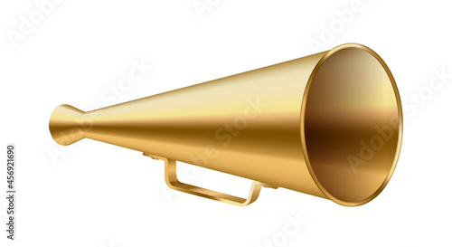 Golden retro megaphone horn icon. Realistic vintage gold loudspeaker