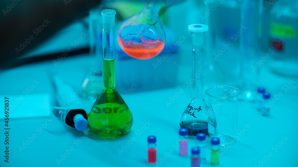 Lab Testing Flask Different Colored Laboratory Flasks and Test Tubes Placed on the Table ...