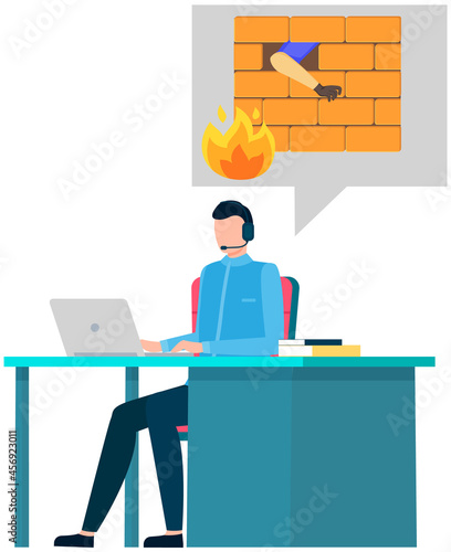 Blocking hacker attack. Hacker breaks into PC. Cyber attacker trying to hack computer. Breaking system, virus, cracking software, cartoon vector. Man is plotting to hack computer protection system