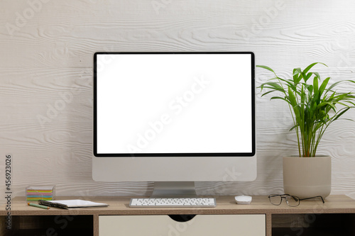 Composition of desktop computer with copy space on white background