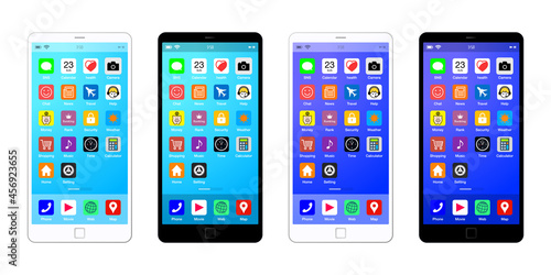 白と黒のスマートフォン、スマホアプリホーム画面のベクターイラスト素材