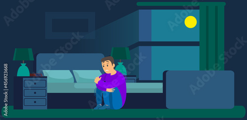 Man worried with insomnia or nightmare sits in bedroom. Person scared because of panic attack at night. Sleepless male character sitting and trembling due to fear. Emotions and body language concept