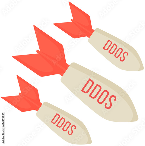 Ddos attack, distributed denial of service, hacking isolated vector illustration. Bombs fly down to server. Vulnerability scanning cocnept. Data center and web hosting symbol. Evading firewall or IDS