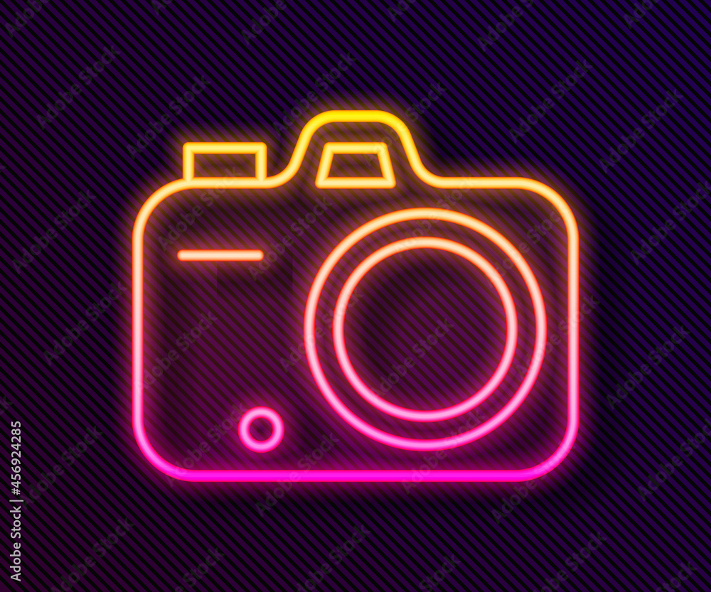 Glowing neon line Photo camera icon isolated on black background. Foto camera. Digital photography. Vector Glowing neon line Photo camera icon isolated on black background. Foto camera. Digital photography. Vector