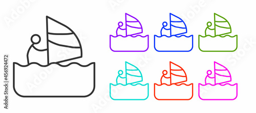 Black line Windsurfing icon isolated on white background. Set icons colorful. Vector