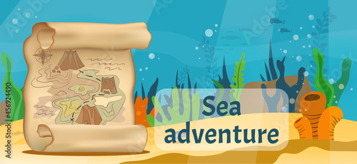 Exciting sea adventures and tourism poster. Marine cruise and sea travelling advertising placard with attributes of water travel old map with scheme of pirate treasure on sand at depth under water