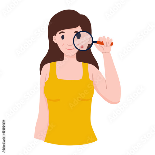 Woman with magnifying glass in her hand, enlarges her face to see acne.