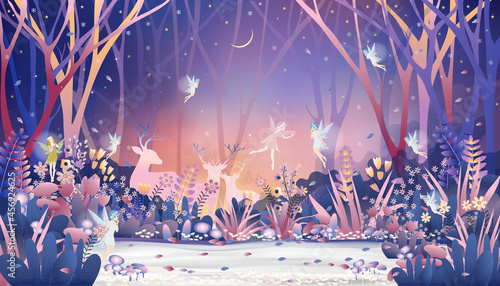 Fantasy cute little fairies flying and playing with reindeers family in magic forest at Christmas night,Vector illustration landscape of Winter wonderland.Fairytale background for bed time story cover