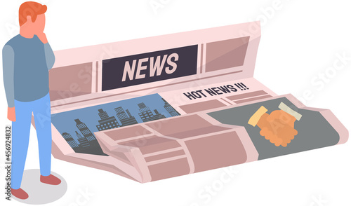 Man looks at paper publication with fresh news. Publishing article, newspaper about business, city life isolated on white background. Male character reading newspaper with hot news headline