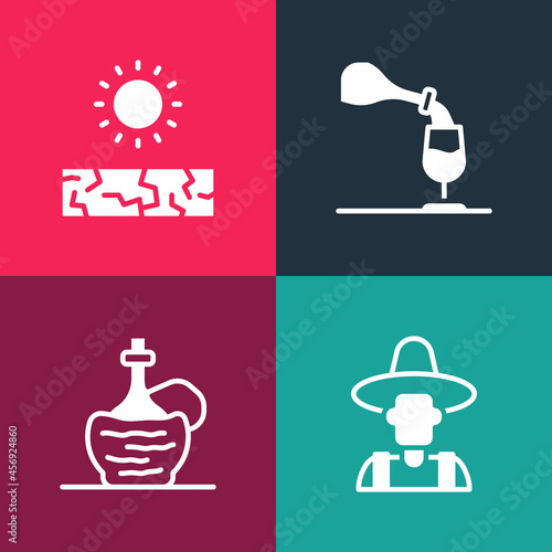 Set pop art Farmer in the hat, Wine italian fiasco bottle, tasting, degustation and Drought icon. Vector