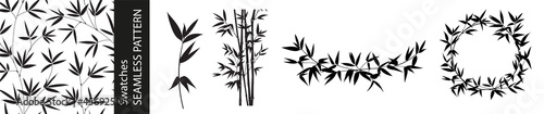 Set of different branches of bamboo leaves, seamless pattern and circle frame on white background.