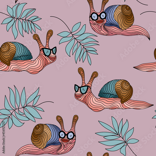 Seamless vector pattern with abstract blue, beige and green striped snails and leaves. Cartoon clams with glasses on a pink background. Perfect design for wrapping paper, postcards and textiles.