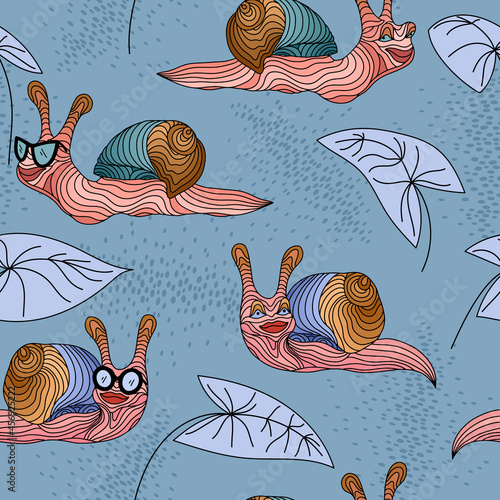 Seamless vector pattern with abstract pink, beige and green striped snails and leaves. Cartoon clams with glasses on a blue background. Perfect design for wrapping paper, postcards and textiles.