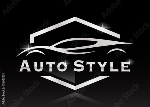 Sports car silhouette dealership logo. Performance supercar motor vehicle badge. Auto style garage dealer icon. Vector illustration.