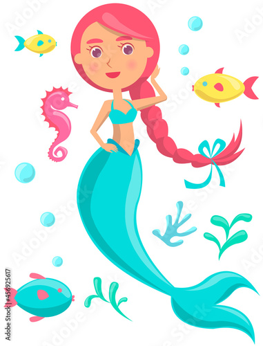 Underwater life of mermaid  blue fish  sea horse  coral and seaweed in ocean. Marine fairytale characters on white background. Girl with mermaid tail and long pink hair  cartoon water nymph 