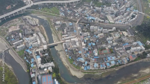 Aerial view of a small town on the Wuyang river, Guizhou, China. photo