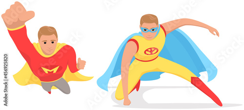 Strong super man smiles and flies to save world stretched out his hand. Brave character in superhero costume with cloak on white background. Cartoon person hurries to protects people from villains